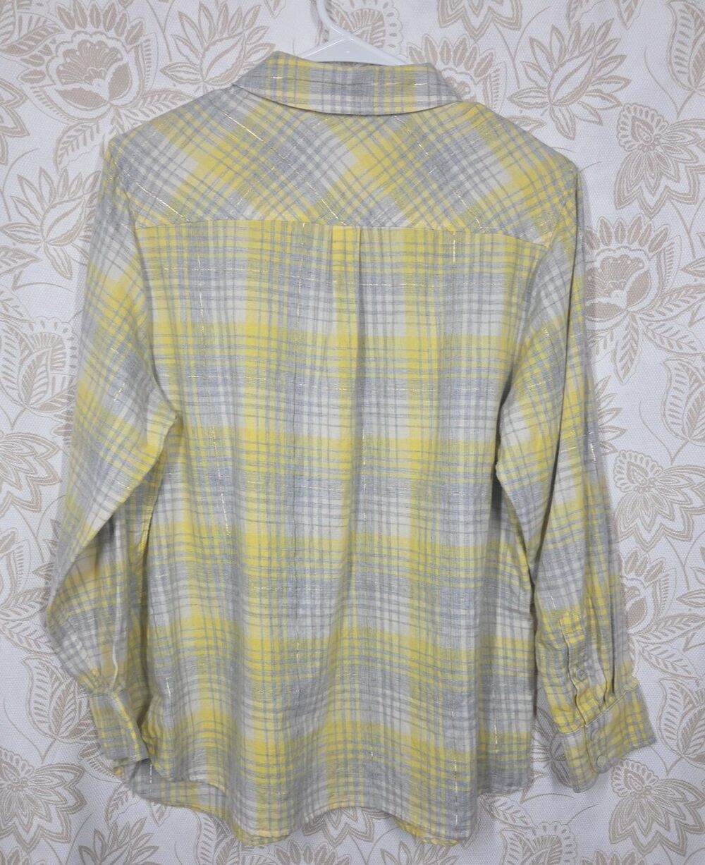 Talbots Cotton Flannel Button Front Shirt Yellow 1XP Plaid Silver Thread PETITE - Picture 3 of 9
